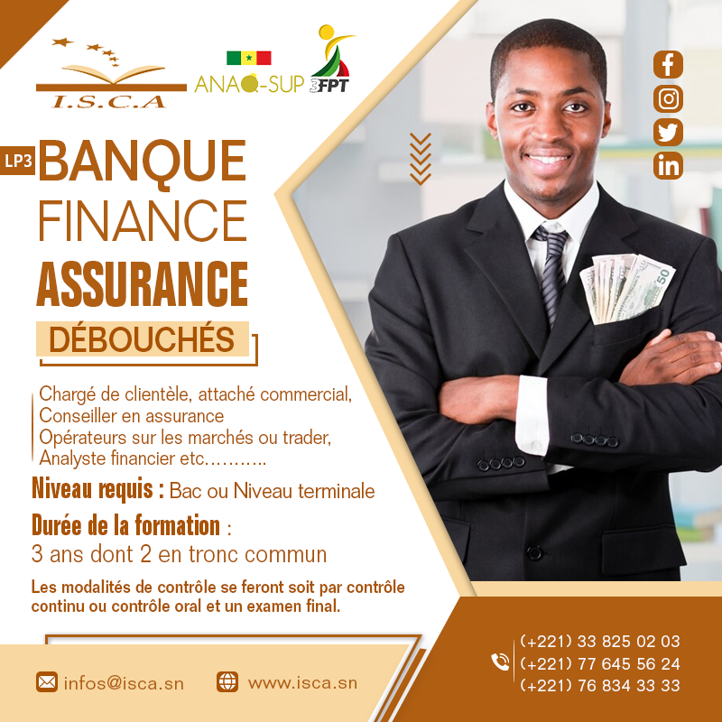IscaDakar's tweet photo. [ Rentrée Novembre 2022: Inscriptions ouvertes]
Vous êtes bachelier(e)s ou étudiant(e)s? Rejoignez ISCA et suivez notre formation de haut niveau en Banque Finance Assurance et devenez cadre dans les entreprises ou organismes spécialisés dans ces domaines. 
https://t.co/fIB2r3eL9V https://t.co/LC4lIzJTIG