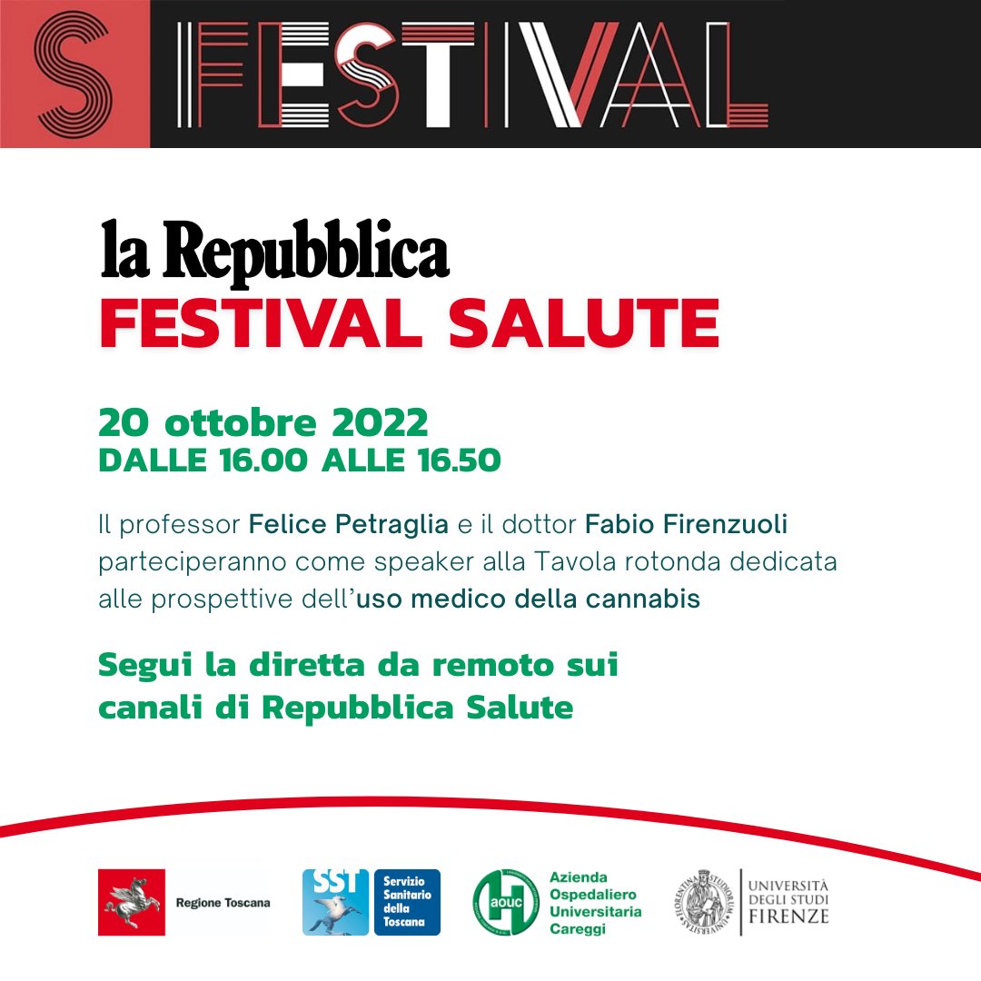 🤩 L'AOU Careggi tra le protagoniste del Festival Salute di <a href="/repubblica/">Repubblica</a> a Roma! Il 20 ottobre il prof Petraglia e il dottor Firenzuoli saranno speaker alla tavola rotonda dedicata alle prospettive dell’uso medico della cannabis

#Careggi #Caregginews #UniFirenze