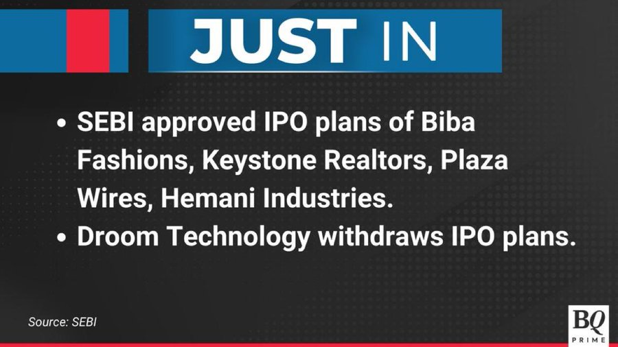 UnlistedXChange's tweet photo. Sebi extends approval to THESE four companies for #IPO 
#BIBAFashions Ltd, 
#KeystoneRealtors Ltd, 
#PlazaWires Ltd &amp; 
#HemaniIndustries Ltd.
Source BQ &amp; #SEBI
#Unlisted #UnlistedShares #PreIPO #BuyBeforeIPO #BeforeIPO #IPOs #upcomingIPO https://t.co/f1iFTrXWzR