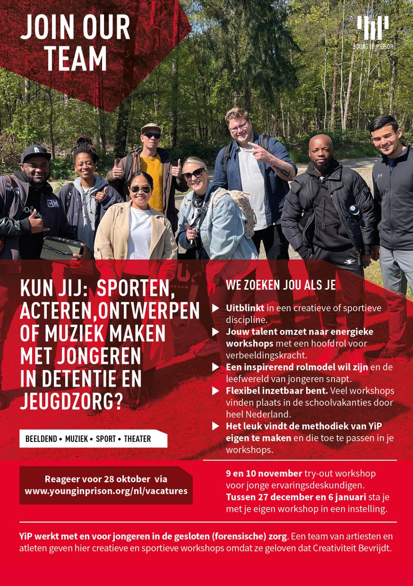 We're hiring! Creatieve en sportieve docenten gezocht voor jongeren in geslotenheid📣 Bekijk de vacature hier: younginprison.org/nl/freelance-w…
#creatieve #sportieve #workshops #jongeren #detentie #jeugdzorgplus #nonprofit  #younginprison