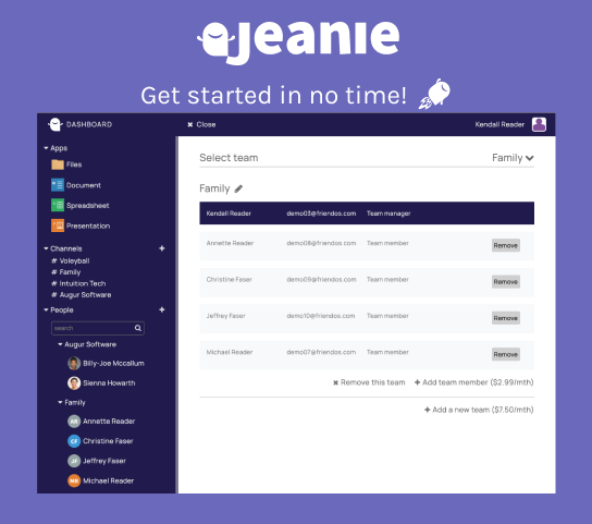 No more obscure admin panels. Easy to manage your team, including teams made of people from different companies and guests. 
See more of Jeanie here: jeanie.app/?scroll=screen…
#collaborate #communication #teams #cloud #coworking #workspace #web