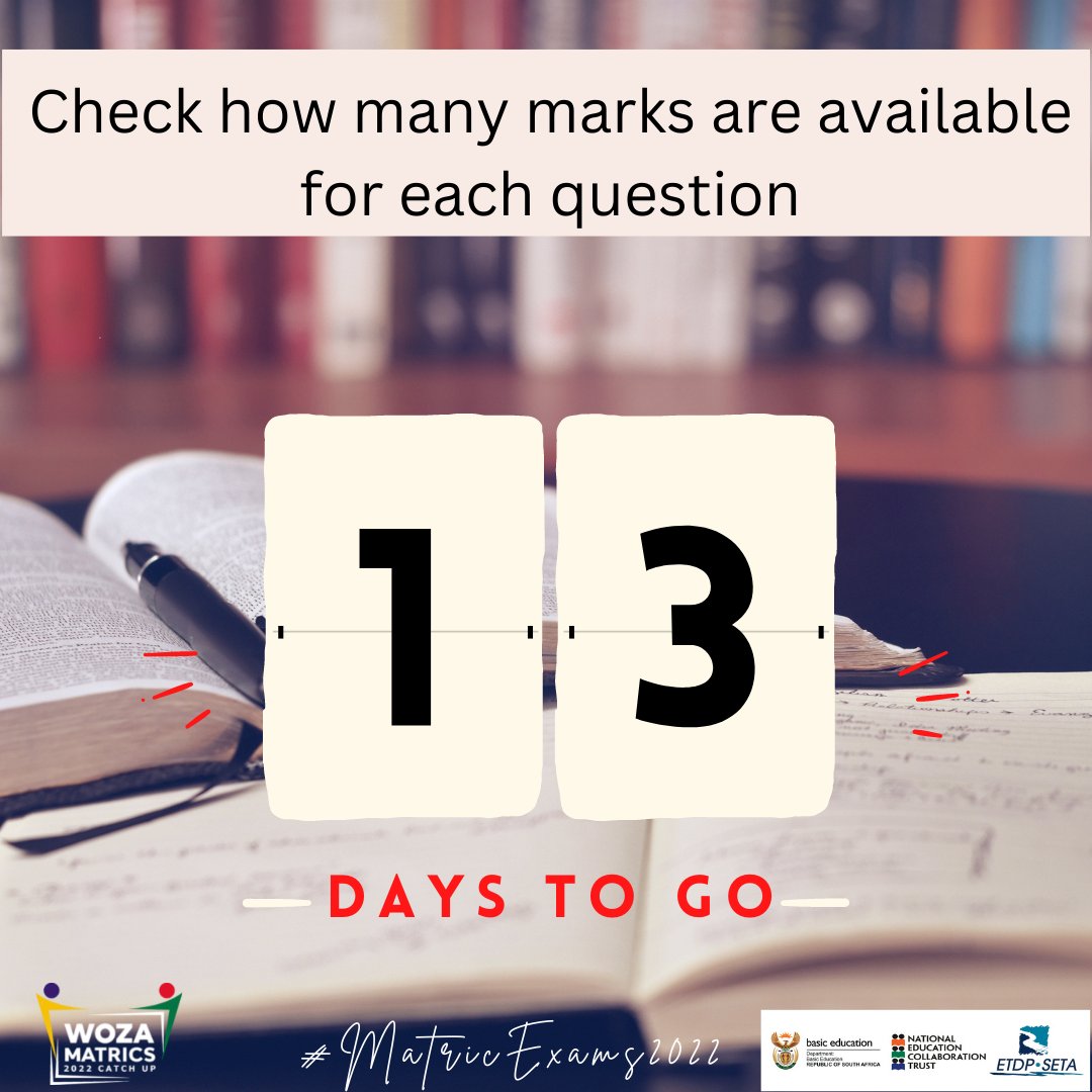 dbe_tv's tweet photo. Only 13 days to go matrics!!! 
@DBE_SA @The_NECT 
#MatricExam2022 #WozaMatrics #NSCExam #FinalExams #RevisionSupport #classof2022 https://t.co/azucwkYBaR