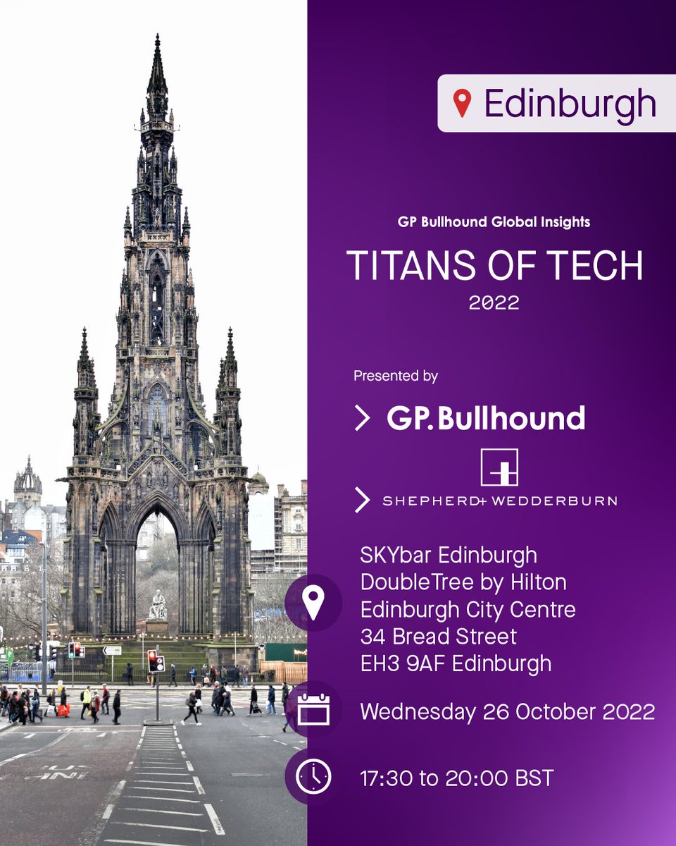 GPBullhound's tweet image. #Edinburgh - Discover Europe&apos;s most promising startups. Join us to explore our Titans of Tech Insights report, charting the growth trends of Europe&apos;s tech ecosystem and highlighting the companies demonstrating the greatest ambition. hubs.li/Q01pXr4R0

#titansoftech