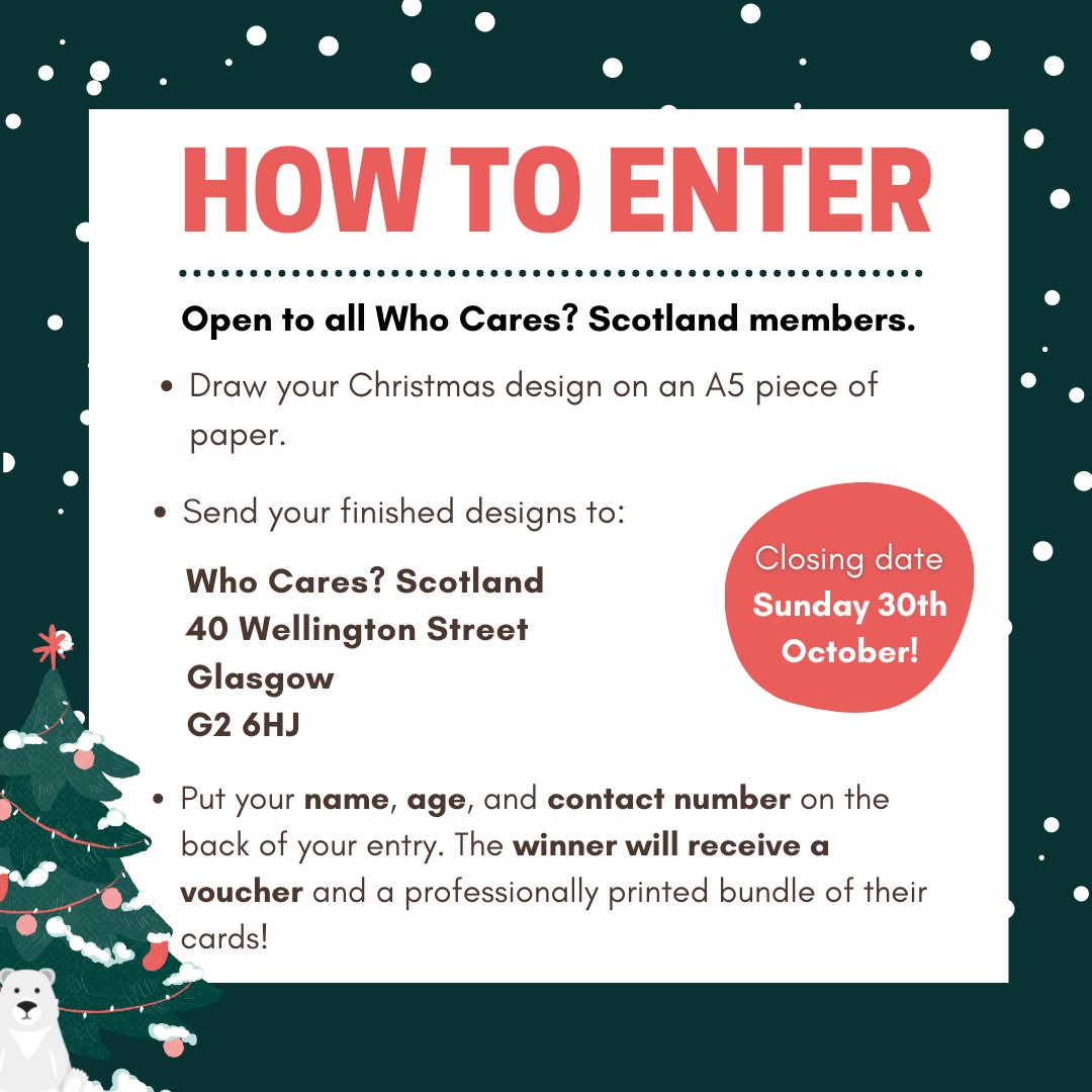 Let’s get creative! We are looking for design entries for our annual Christmas card competition. The winning entry will go out to all our members along with their Christmas parcel. Post your finished entry to our national office by the end of the month.
