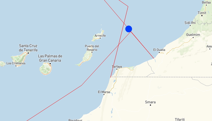 Die Karte zeigt die Position des Boote auf Höhe der Nordspitze von Lanzarote etwa 30 Seemeilen von der Insel entfernt.
