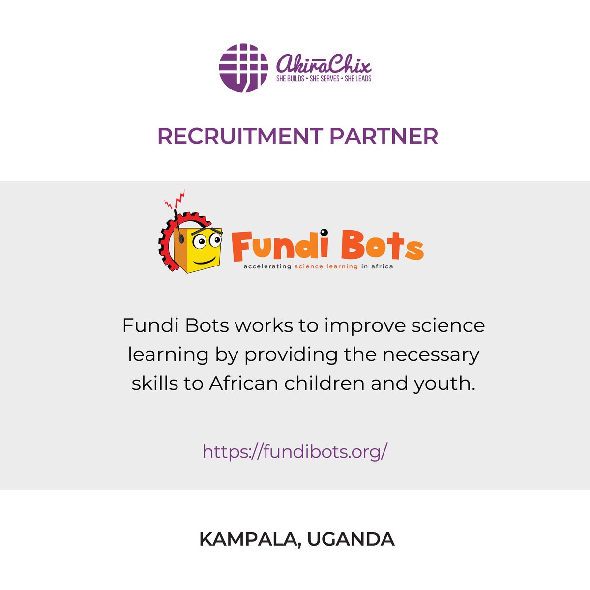 akirachix's tweet photo. We are working with @FundiBots, an organization in Uganda whose mission is to accelerate #sciencelearning among children & youth. If you're in Kampala and need support to apply for the #codeHiveClassof2023, visit their offices before Friday, 21st October.
#IAMAKIRACHIX https://t.co/BVMwkKkQK2