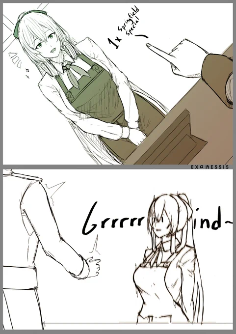 My coffee grinder broke

Springfield is my new espresso machine

#GirlsFrontline #少女前線 #ドールズフロントライン #sketch #落書き #rkgk #springfield 