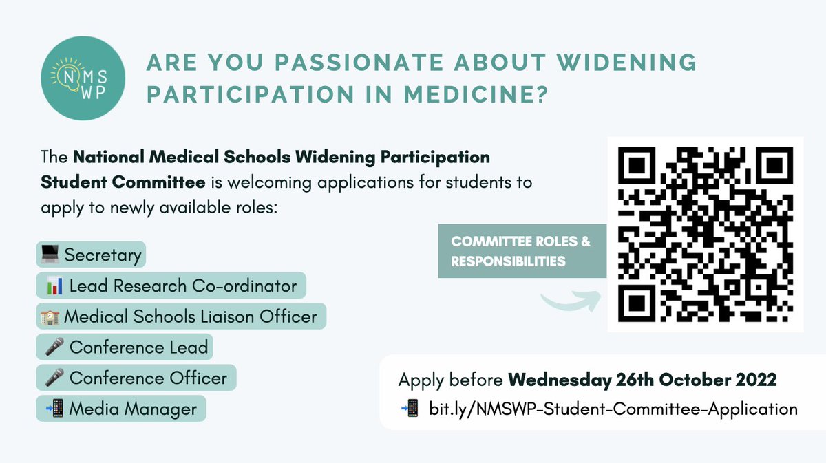 We are excited to be welcoming applications to join our Student Committee of the <a href="/NMS_WP_Forum/">National Medical Schools WP Forum</a> 🎉

Apply now to make a real difference to the access, success and progression of medical students from underrepresented groups!

bit.ly/NMSWP-Student-…

🚨Deadline: 26/10/22