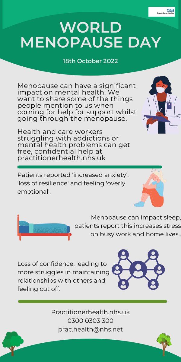 Today is World Menopause Day!

Menopause can have significant impacts on mental health, this is what our patients have said when dealing with mental health issues during the menopause.

Practitioner Health is a free, confidential mental health service.

practitionerhealth.nhs.uk