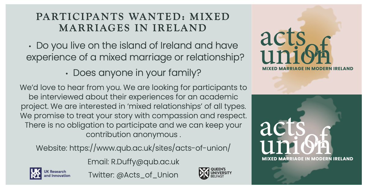 📢 Do you live on/come from the island of Ireland & have experience of a mixed marriage or relationship (of any type)? 📢 Does someone in your family? We'd love to hear from you & promise to treat your story with respect. Please get in touch with @DrRuthDuffy. #IrishStudies