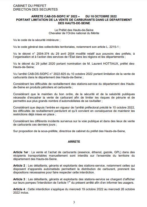 ArretesPrefets's tweet photo. ⛽️ Le @Prefet92 vient de prendre un arrêté  prolongeant l'interdiction de vente de #carburant en jerrican jusqu’au mercredi 26 octobre #penuriecarburant #HautsDeSeine https://t.co/OkmSuPeLXo https://t.co/sgdJxIaLHP
