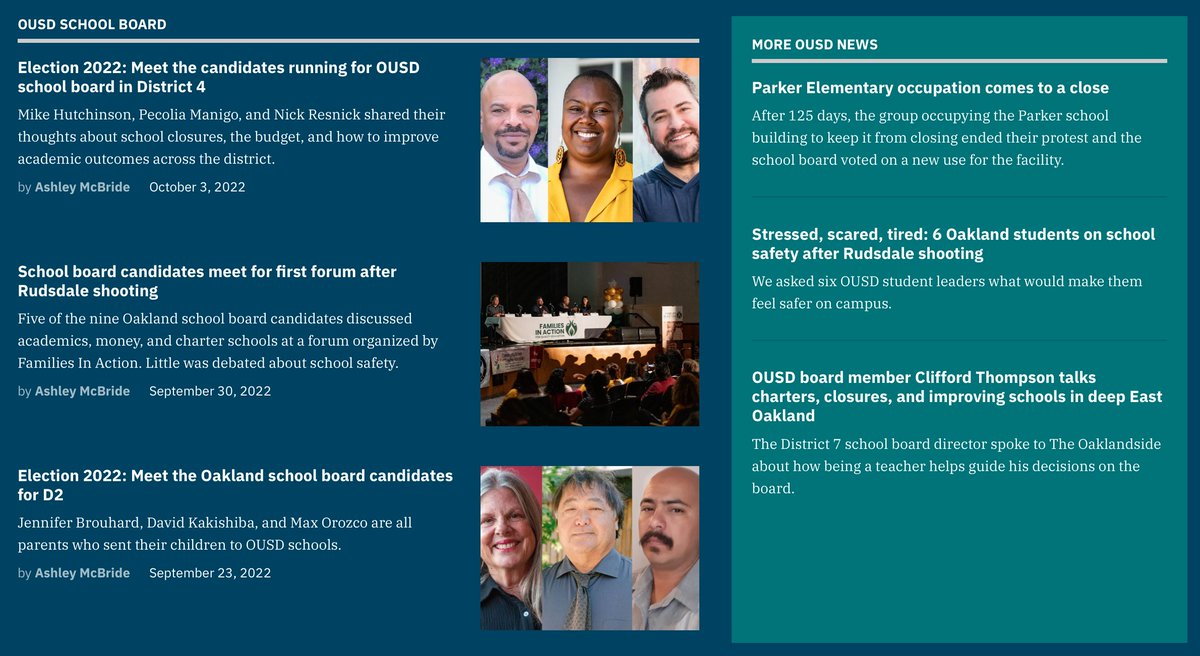 The Oaklandside (@oaklandside) on Twitter photo The Nov. 8 election in Oakland includes 3 seats on the OUSD school board.
These are pivotal races at a time of turmoil for Oakland Unified.
Our education reporter <a href="/ashleynmcb/">ashley mcbride</a> interviewed all 9 candidates to help voters determine who they'll pick to lead 🧵 The Nov. 8 election in Oakland includes 3 seats on the OUSD school board.
These are pivotal races at a time of turmoil for Oakland Unified.
Our education reporter <a href="/ashleynmcb/">ashley mcbride</a> interviewed all 9 candidates to help voters determine who they'll pick to lead 🧵