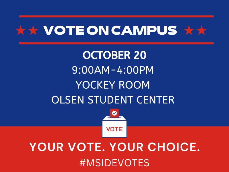 Let’s get #VoteReady <a href="/MorningsideEdu/">Morningside University</a> Mustangs! 🎉
Stop by our Voter Help Desk today &amp; tomorrow to learn more about the 2022 Elections! Then cast your absentee ballot at the on-campus voting station Thurs. Oct. 20. 🗳 #MsideVotes #StudentsVote