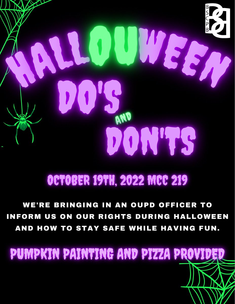 You do NOT want to miss this halloween Q&amp;A with an OUPD officer. ALL questions are welcome and no one will get in trouble for asking anything whatsoever, the intention is for students to be informed and safe! Paint pumpkins and get pizza as the Q&amp;A is happening. 🎃🎃