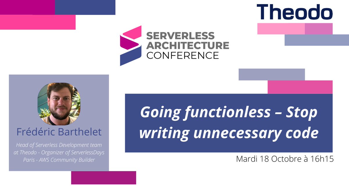 theodo's tweet photo. Dans 30' @bartheletf parlera des avantages et des limites d’une architecture #functionless. 
Pas encore inscrit ?👉 https://t.co/upp1spZkF4
#serverless #programming https://t.co/O04m2Hd5Ty