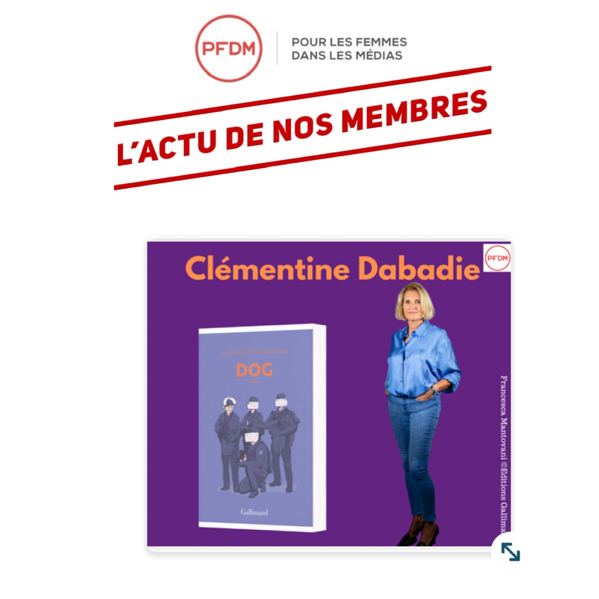 PFDMedias's tweet photo. Nos félicitations à la productrice Clementine Dabadie alias @titifarfalle #ChabraqueProductions et membre @PFDMedias qui publie son 1er roman « Dog » chez @Gallimard ! Elle sera mardi 25 octobre a la librairie Galignani (204 Rue de Rivoli pour une séance de dédicaces 👏🏻👏🏻 #pfdm https://t.co/6dlTVPK7Vk