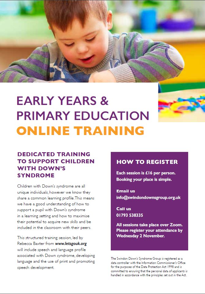 CDSpeechTherapy's tweet photo. **** Exciting CPD opportunity for staff working with children who have Down Syndrome from @swindondowns *****
Please get in touch with them to find out more about the fantastic virtual training courses they are providing and to book your place: info@swindondownsgroup.org.uk https://t.co/BkVVsAR8bS