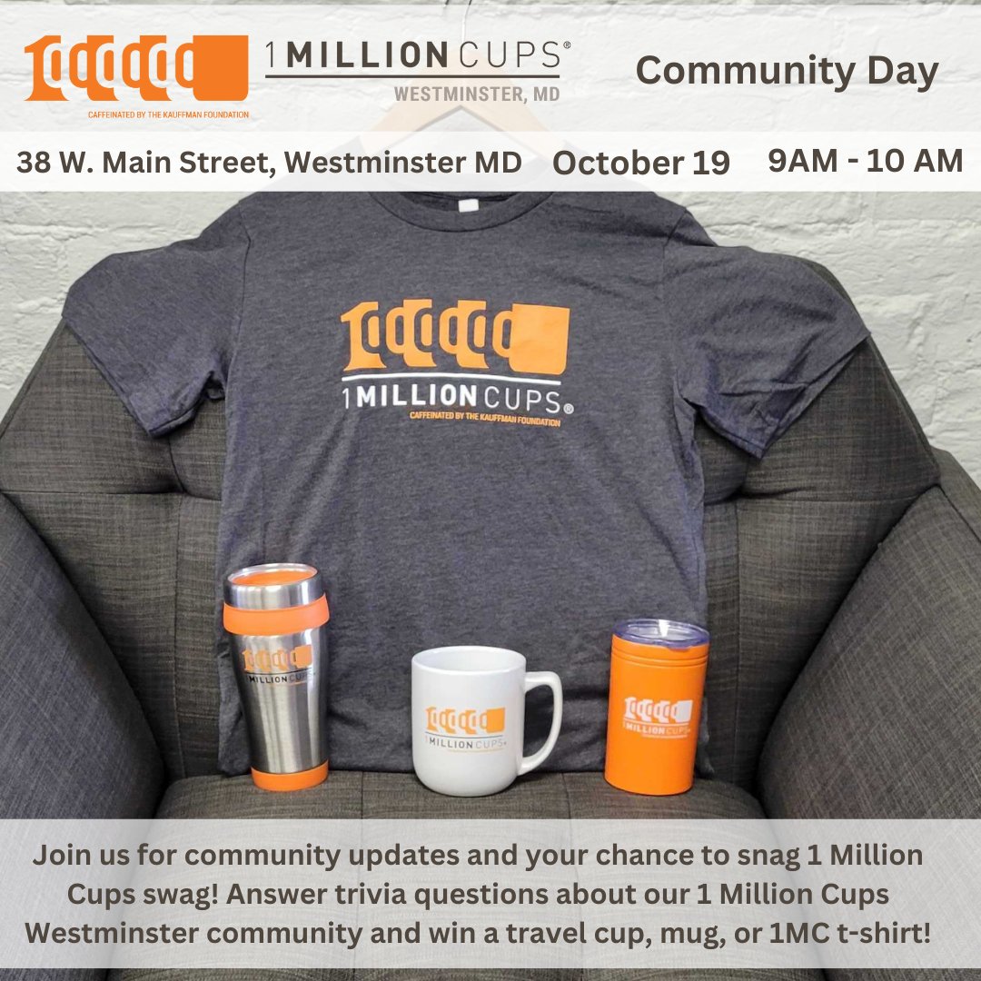 Don't miss your chance to get some #1MillionCups swag at tomorrow's <a href="/1MCWestminster/">1MC Westminster</a> #Community Day!

Join us here at MAGIC or tune into the livestream at facebook.com/1MCWestminster

#WestminsterMD #CarrollCountyMD #Maryland #Entrepreneurship