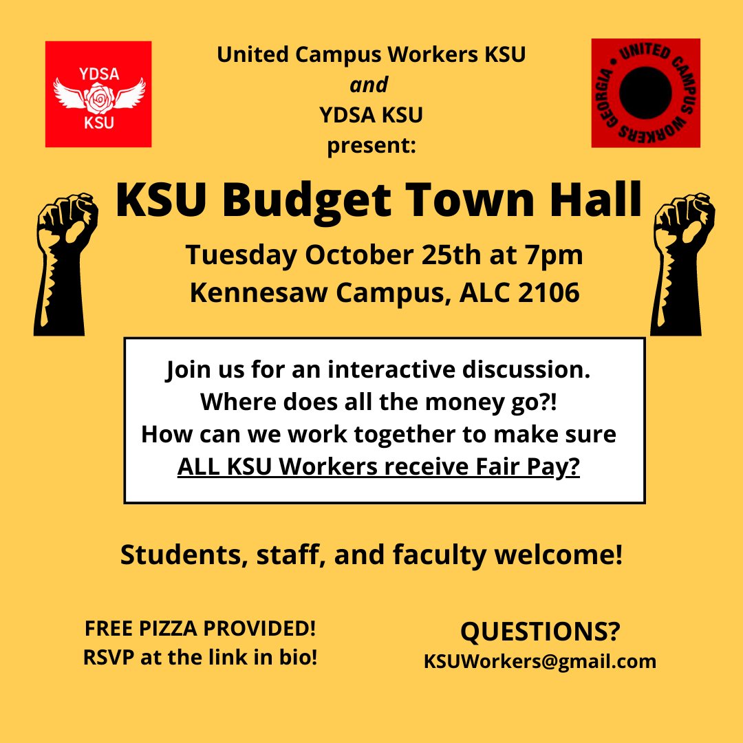 KsuUcw's tweet photo. We're organizing for budget transparency and fair pay and we would love to have you join us! RSVP link in bio. @UCWGA3265 @YDSA_KSU https://t.co/MT4bfZIQXI