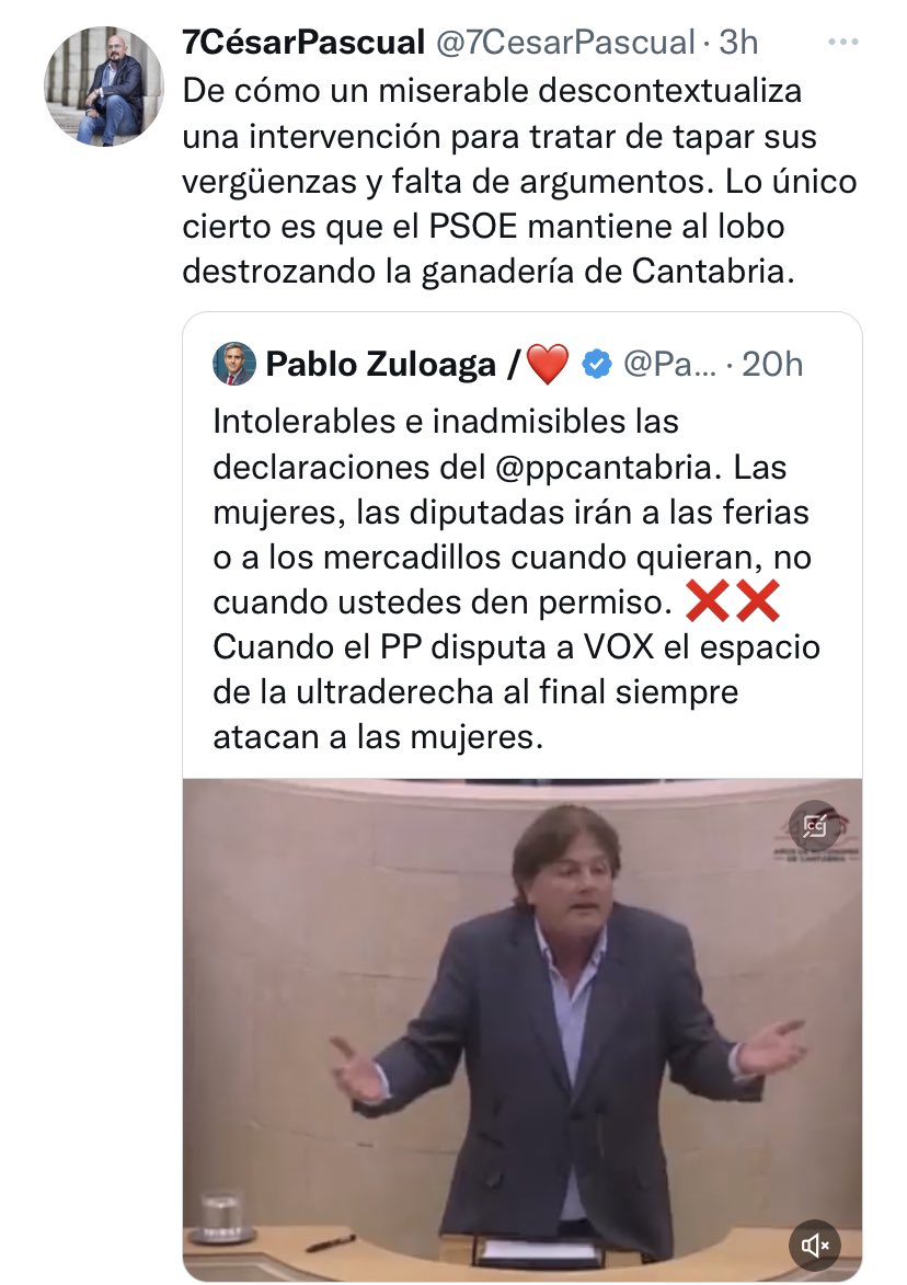 De cómo un pésimo parlamentario insulta al vicepresidente de #Cantabria <a href="/Pablo_Zuloaga/">Pablo Zuloaga /🤍❤️</a> para tratar de tapar sus vergüenzas y falta de argumentos. Lo único cierto es que el machismo dialéctico que destila la derecha en todas sus intervenciones es reprobable.
Y lo de ayer, vomitivo