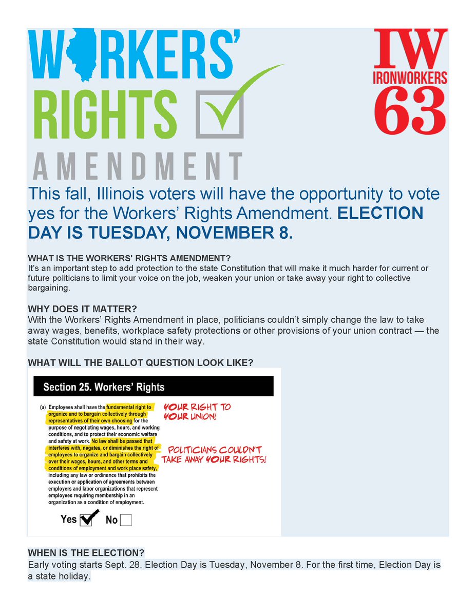 On November 8th, VOTE YES for Workers' Rights✅

#ElectionDay #illinois #WorkersRights #politics #union #UnionStrong #ironworkerslocal63 #buildingamerica #unionpride