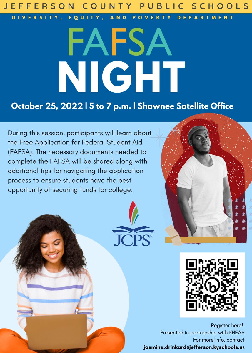 Join us on Oct 25 at 5 p.m. for FAFSA Night! During this session, participants will learn about the Free Application for Federal Student Aid (FAFSA). Sign up at bit.ly/3dKRX9N #jcpsdep