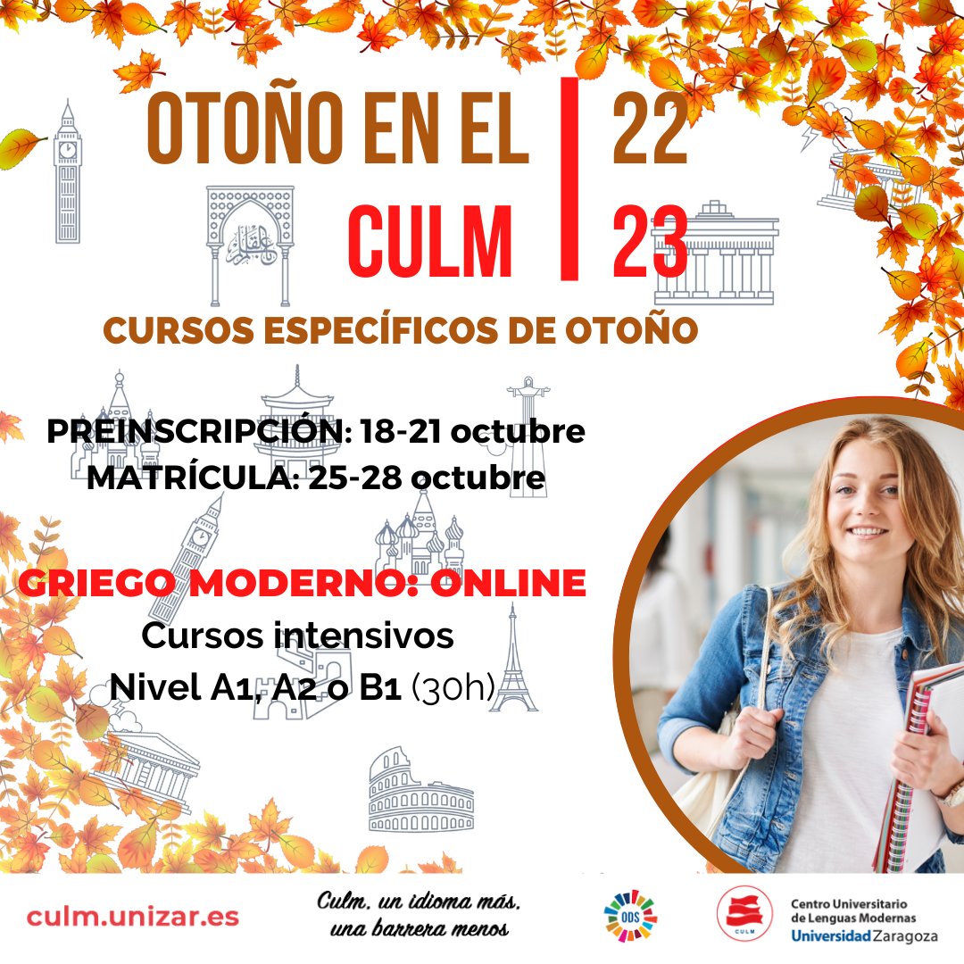 CULMUZ's tweet photo. ¡Ya están aquí los cursos específicos de otoño! Preinscríbete de hoy al viernes en nuestras diferentes ofertas y sigue rompiendo barreras de idioma, este año con ofertas en inglés y griego moderno.

Toda la información: https://t.co/C2vyg85SMv https://t.co/uMj1ZXpB34