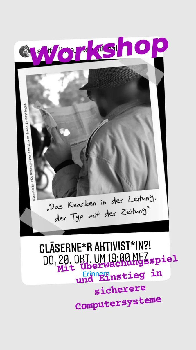 ali_goettingen's tweet photo. Do.,20.10.22, 19 Uhr Lange-Geismar-Str. 3
Workshop "Gläserne*r Aktivist*in?! Kleiner Leitfaden zur digitalen Selbstbestimmung"

Auch wenn das "Knacken in der Leitung“ als Synonym für Überwachung ein wenig altmodisch ist, so ist das Problem absolut aktuell! https://t.co/363PB63qwZ