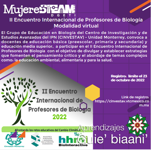 MujerSTeamDGETI's tweet photo. Este #Martes de #AprendizajesGuiebiaani compartimos la Convocatoria al II Encuentro Internacional de Profesores de Biología modalidad virtual.
Fecha límite de registro: 23 de Octubre del 2022

Convocatoria y registro:
https://t.co/IQSba6V8Zq https://t.co/EPBGd23Vlx