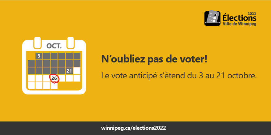 cityofwinnipeg's tweet photo. Dès aujourd’hui, des centres de scrutin par anticipation de district vont être ouverts pendant trois jours consécutifs de 15 h à 20 h. Une pièce d’identité est requise pour voter. Visitez https://t.co/w3doD11gRf ou contactez le 311 pour connaître le centre le plus proche.  #wpg22 https://t.co/ptVi9pKAWk