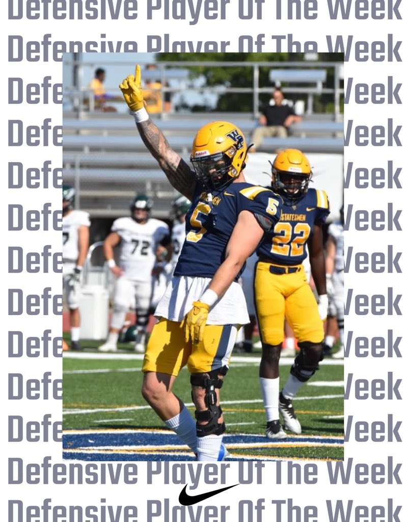 WPU_Football's tweet photo. Players of The Week vs. GVU 

Offensive - @AlexPrice31 
Defensive - @jagger_blubaugh 
Special Teams - @CaelCrawford 

#FlyTheWP #StatesmenNation #RollStatesmen https://t.co/s9DlFi3bzC