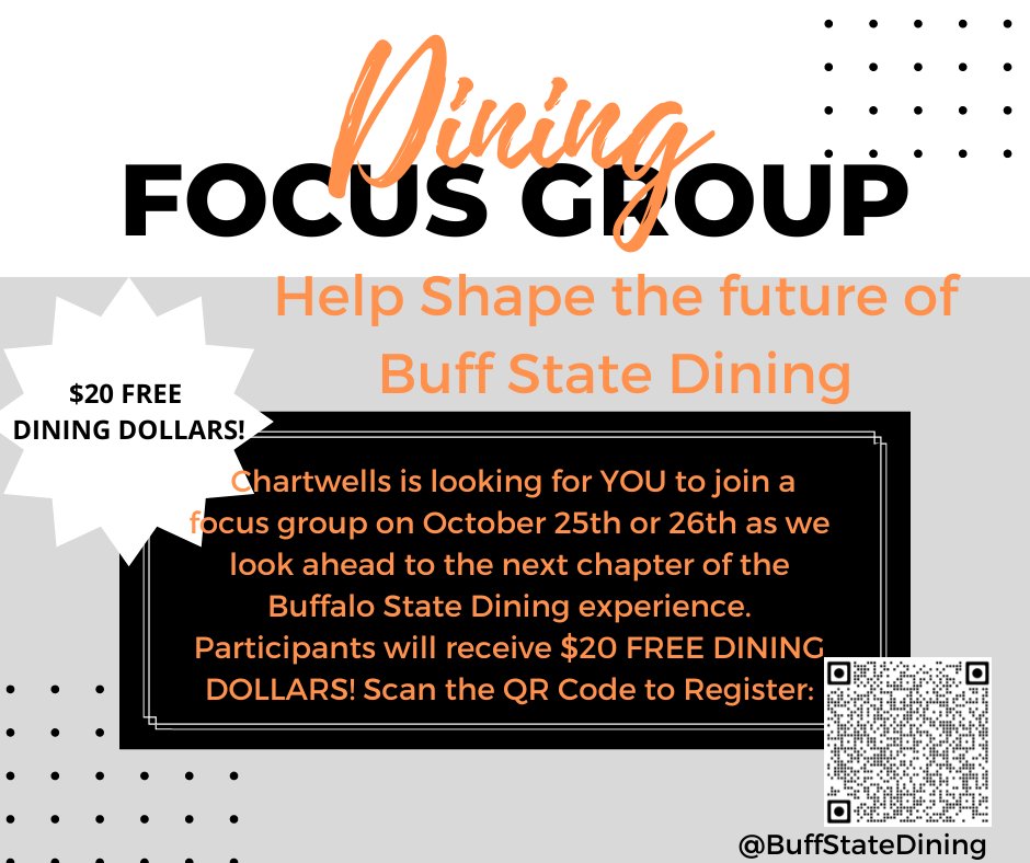 LifeatBuffState's tweet photo. Join the Chartwells Dining Focus Group for a chance to receive $20 FREE dining dollars! Learn more here: https://t.co/UsBbRiT8fl https://t.co/KyWVM4n1OY