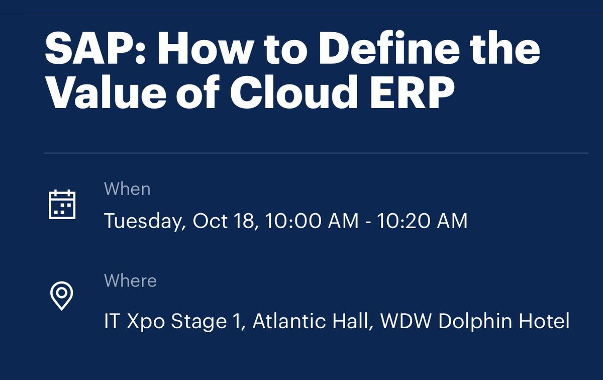 rlivney_granger's tweet photo. Come join @SAP session SAP: How to Define the Value of Cloud ERP! With  Merijn Helle, Head of North America Value Advisory #GartnerSYM #S4HANA #CloudERP #Intelligententerprise https://t.co/Av8YjV4ppX