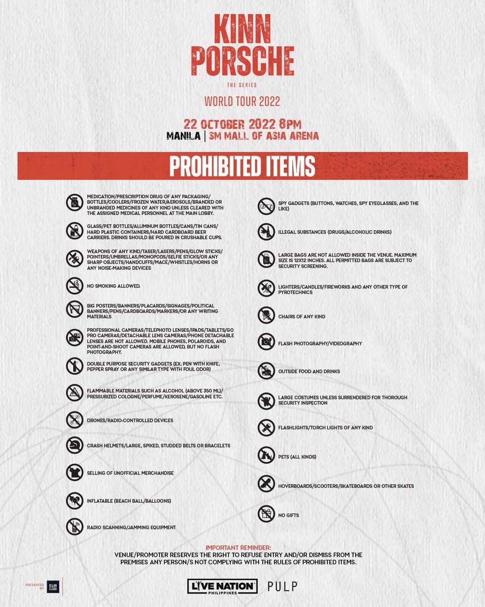 livenationph's tweet photo. Are you ready for #KinnPorscheTheSeriesWorldTour2022 in Manila?

Be sure to check out these FAQs and list of Prohibited Items for a hassle-free concert experience. See you! 🌟

#KinnPorscheTheSeries 
#KinnPorscheInMNL https://t.co/jfwDWaEyso