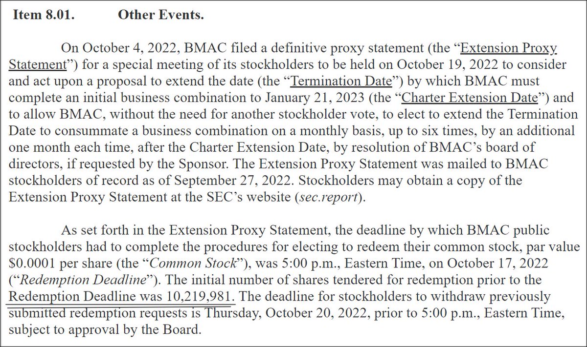 MalthusianThan1's tweet photo. @SPACuity @stock_harvey @SpacWarrants @TornikeLaghidze @fmyyz80 || Hi guys (ur all in my SPAC Expert list). Re $BMAQ, this part always confuses me—8K released today shows 10,219,981 shares redeemed on $115M SPAC. #MyMath= 3,035,019 shares left, but I saw 1,280,019 tweeted Thghts? https://t.co/Tcb6MYxntU