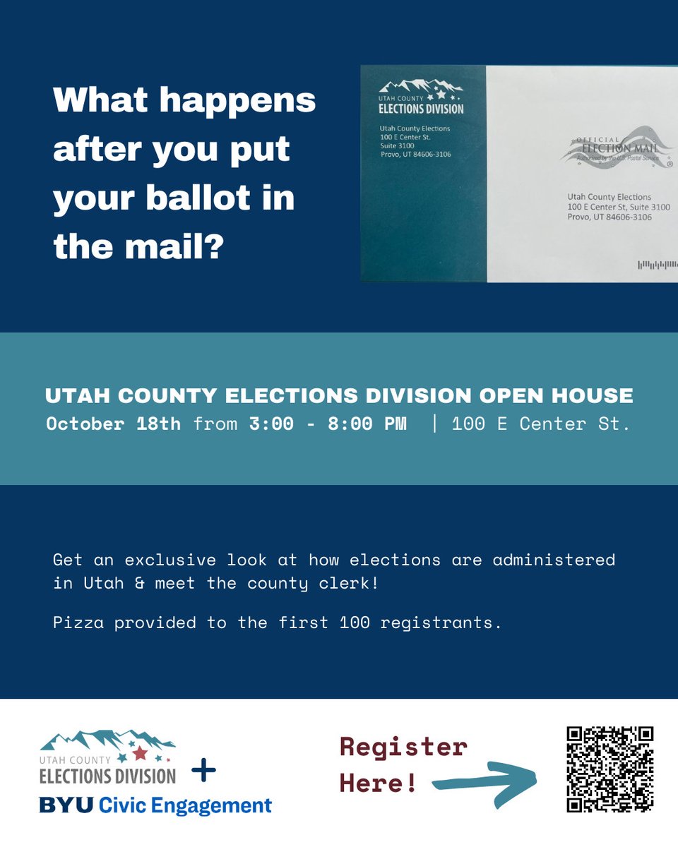 UtahCoElections's tweet photo. First time voting? Learn all about Utah’s election system from the pros. Come to the Utah County Elections Division Open House TODAY from 3-8 pm to get an exclusive look at how elections are administered in Utah and how to be prepared for the 2022 Midterm elections. https://t.co/Ql4QGwnQaJ