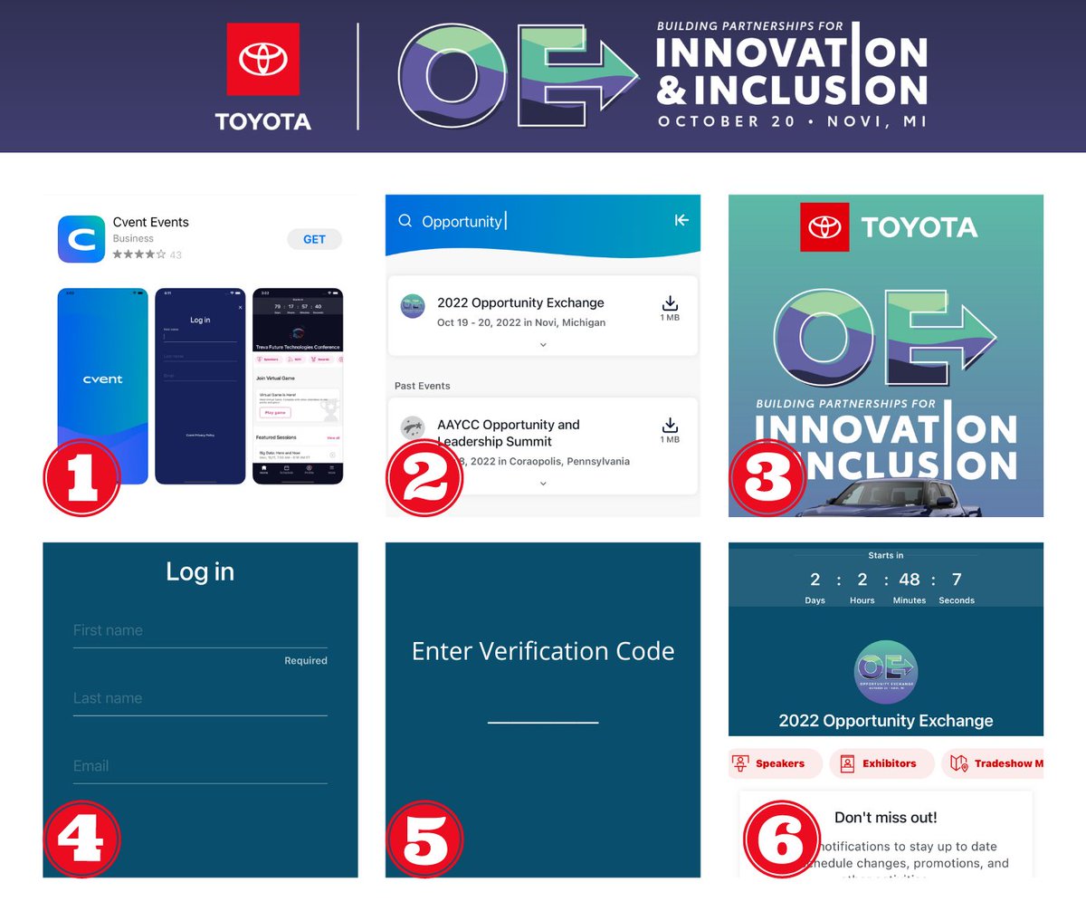 ToyotaSD's tweet photo. Are you attending #ToyotaOE? Download our app to help plan your day!
 
1.  Download the Cvent Event app
2.  Search "Opportunity Exchange"
3.  Download the "2022 Opportunity Exchange" event
4.  Log in
5.  Enter the code sent to your email
6.  Connect to our event app

#ToyotaSD https://t.co/E402E34QHf