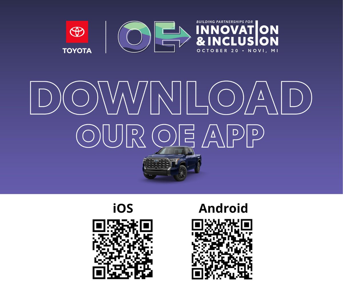 ToyotaSD's tweet photo. Are you attending #ToyotaOE? Download our app to help plan your day!
 
1.  Download the Cvent Event app
2.  Search "Opportunity Exchange"
3.  Download the "2022 Opportunity Exchange" event
4.  Log in
5.  Enter the code sent to your email
6.  Connect to our event app

#ToyotaSD https://t.co/E402E34QHf