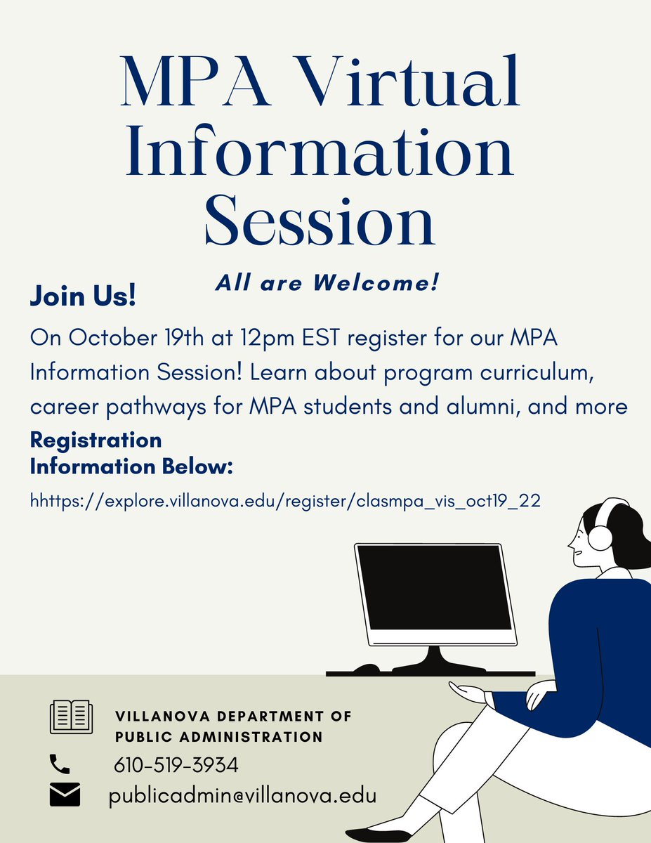 VU_PADepartment's tweet photo. Reminder: Join us on October 19 at 12 pm EST for our MPA Information Session! Learn about program curriculum, career pathways for MPA students and alumni, and more. Register now: https://t.co/2vju81I1BD #VillanovaMPA #MPAYourWay https://t.co/VOucnBqxlr