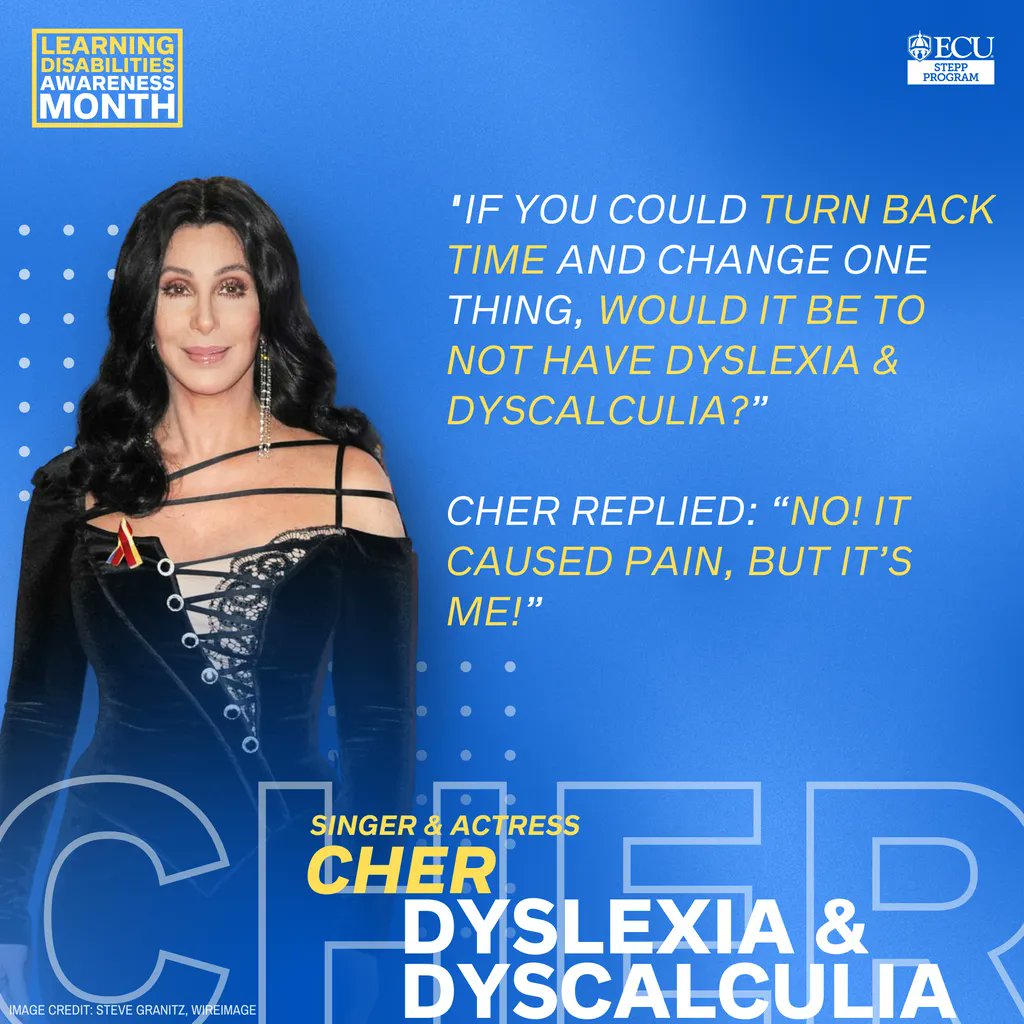 ecustepp's tweet photo. Did you know #Cher has #Dyslexia and #Dyscalculia? Cher is an award-winning singer and actress. Cher says having a #learningdisability was difficult. "When I was in school, it was really difficult...I had to learn by listening."
#LearningDisabilitiesAwarenessMonth #STEPPprogram https://t.co/P70fxl3xjl