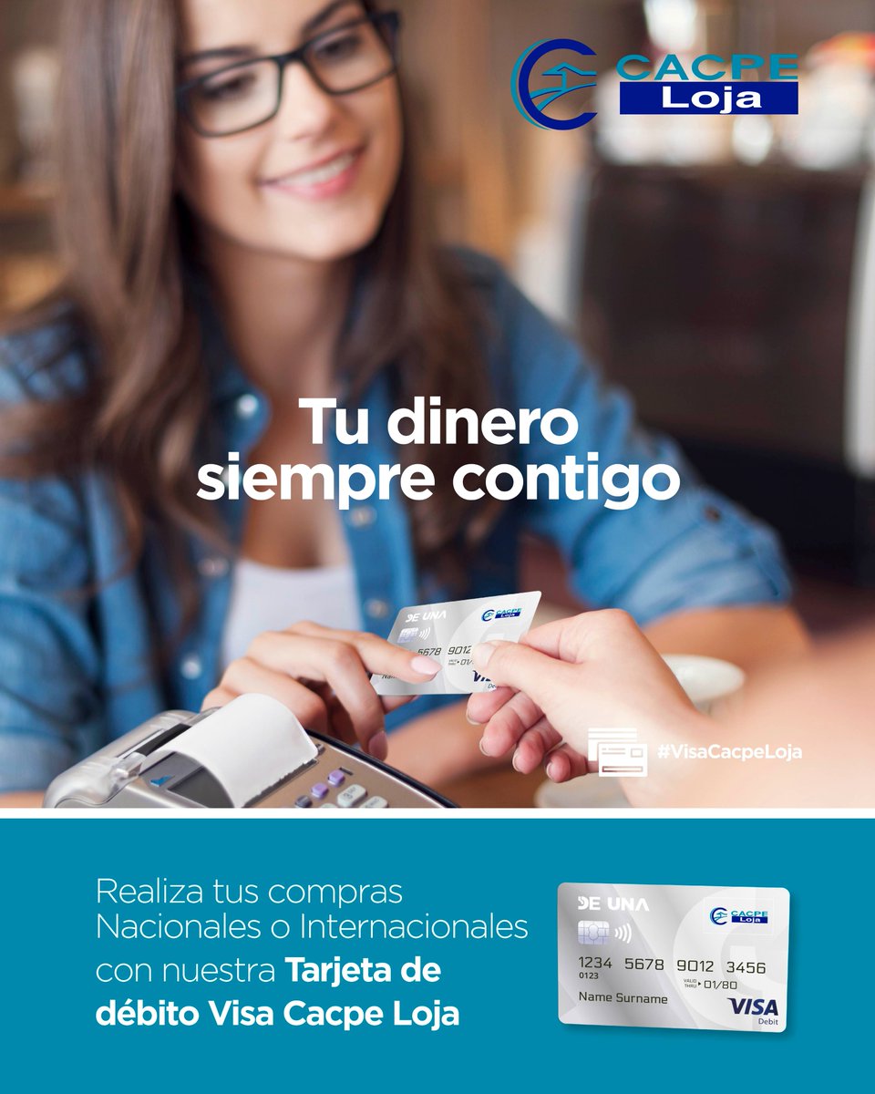 cacpeloja's tweet photo. Solicita la nueva tarjeta de débito #VisaCacpeLoja y disfruta de grandes beneficios.
➡ Retiros en cajeros propios y en redes #Coonecta o #Banred
➡ Retiros diarios hasta por $300,00
➡ Compras y pagos a nivel nacional e internacional
➡ Acceder a una tarjeta adicional https://t.co/2Io7gj7XNA
