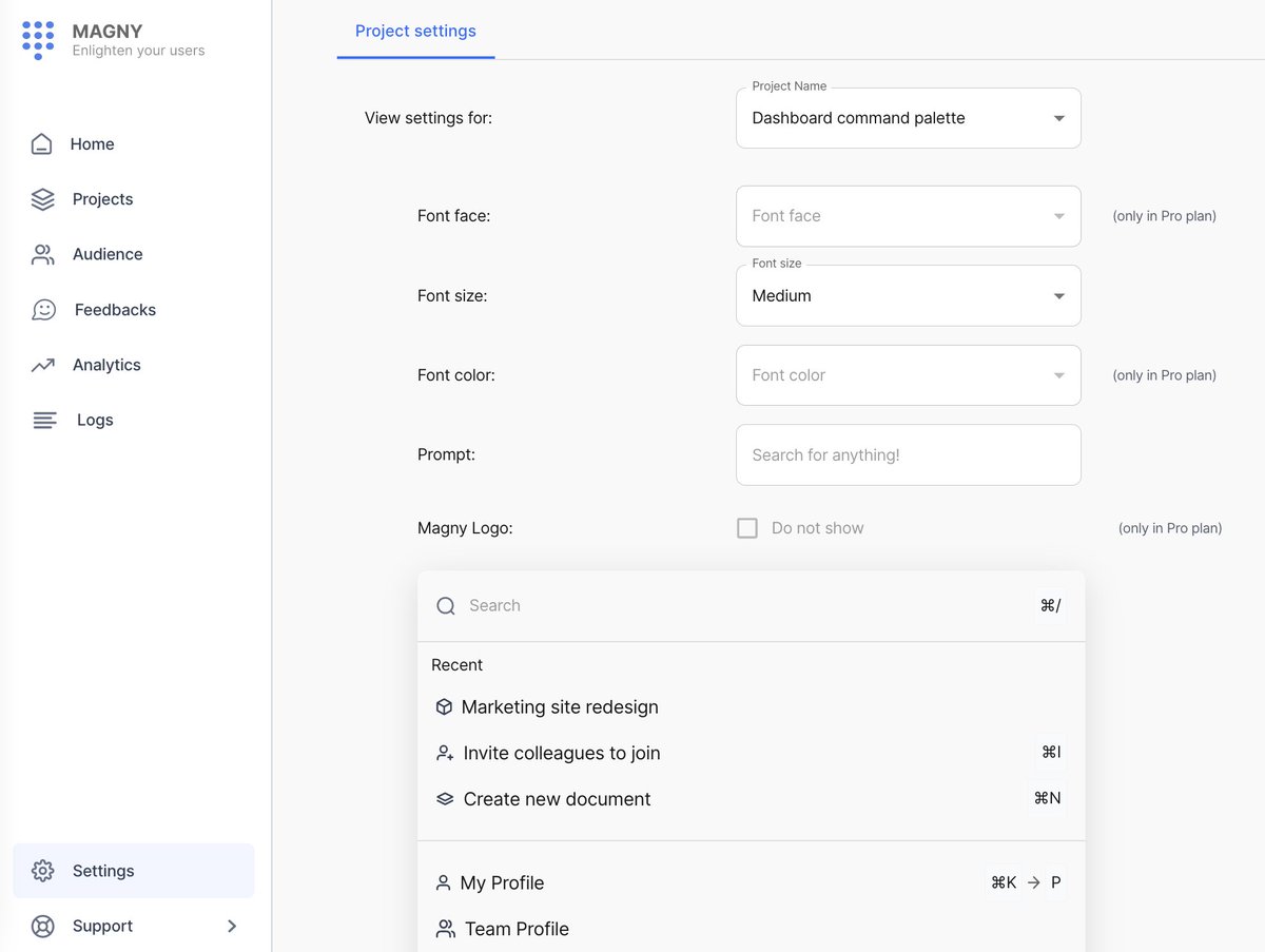getmagny's tweet photo. ❤️ Magny Project settings page gets an overhaul.

🚀 Still on track for December 2022 as the launch date. 

What do you want to see next as a sneak peek? 🤔
 
#buildinpublic #saas #commandpalette https://t.co/petBBIq9qy