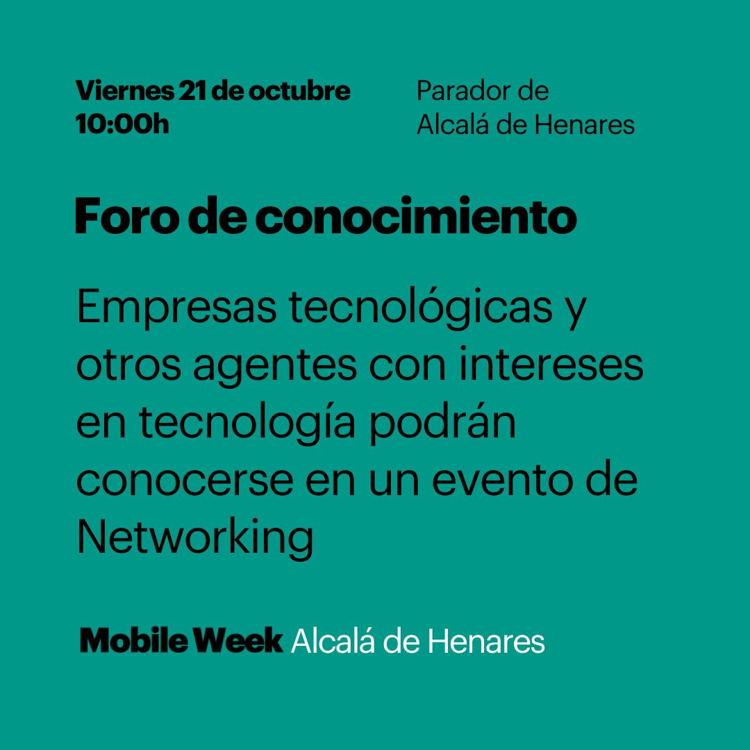 Mobile_Alcala's tweet photo. 🚀 El Foro de conocimiento es un espacio de la #mWeekAlcala22 en el que empresas tecnológicas y otros agentes pondrán ideas en común.

💫 Se potenciará el networking a través de dinámicas que fomentan la participación.

🖊️ Inscripción obligatoria
https://t.co/TGKQfQFc6U https://t.co/0RAWjyyGUp