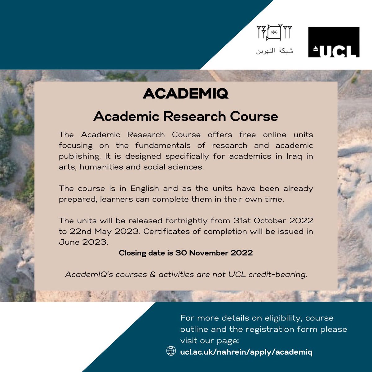 🔔Registration for AcademIQ's Academic Research Course is now open! It offers 15 different units in academic writing+publishing, designed for Iraqi Masters/PhD level researchers in arts, humanities & social sciences. ⏰ Deadline: 30th November More info⬇️ bit.ly/3eCMym2