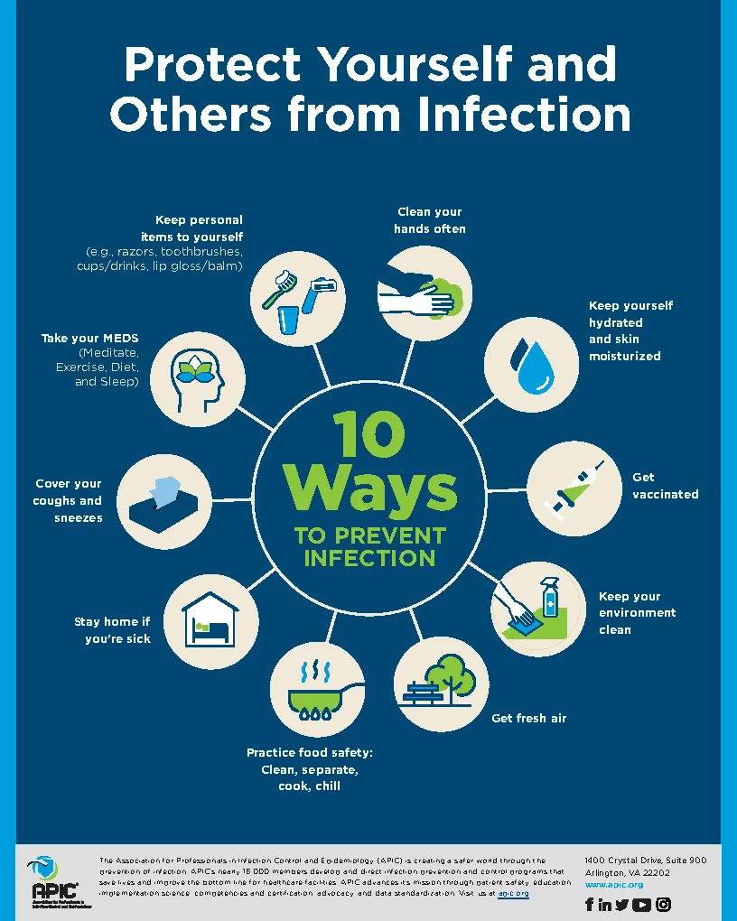 PeggyFund's tweet photo. Infection prevention starts with you! Here are 10 easy ways to help prevent the spread of infections. It can be as easy as washing your hands and practicing food safety! To learn more about infection prevention, visit our partners at @APIC #iipw #iipw22 https://t.co/kDoJg3myS8