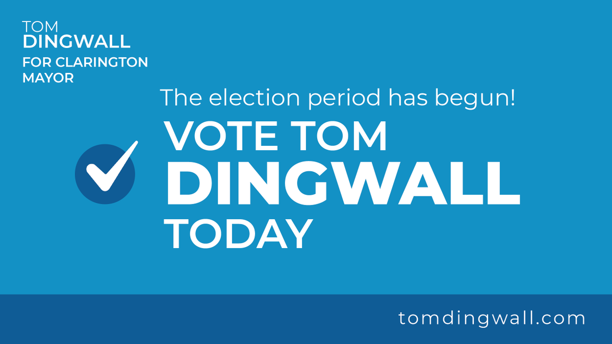 Dingwall_Tom's tweet photo. 🚨 THE ELECTION PERIOD HAS BEGUN 🚨

Today is the first day #Clarington residents can cast their vote in the municipal election. 

To learn more about how you can vote, please visit: https://t.co/s5NkMADNYS 

To learn more about me, visit: https://t.co/OFHPob7Qjx https://t.co/l6Nsq5L8t7