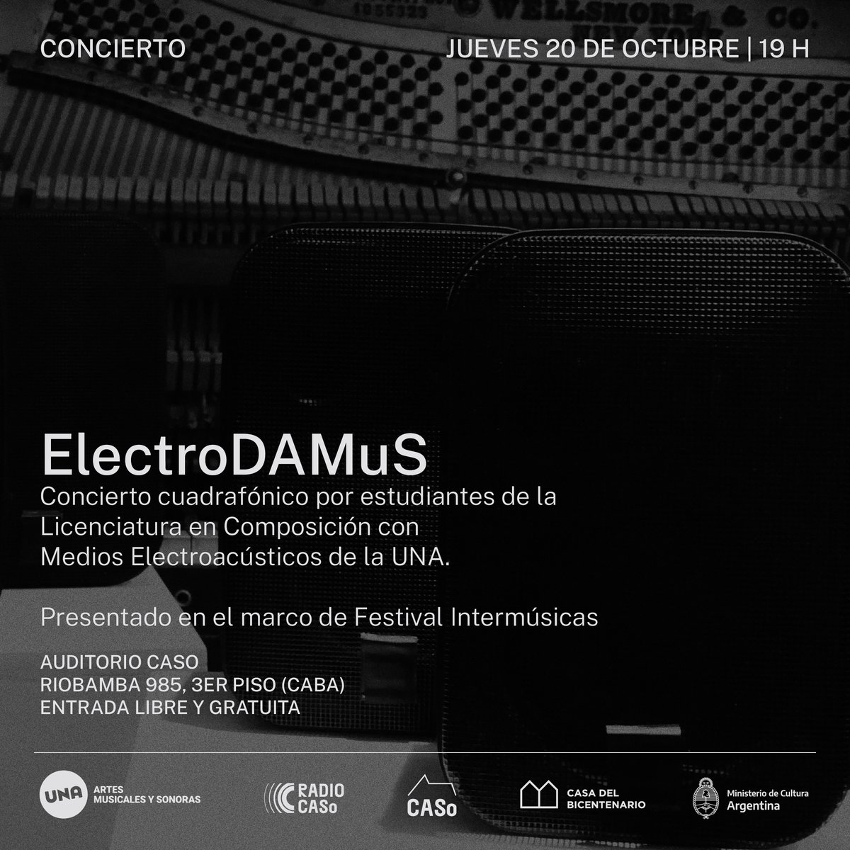 📅 Este jueves, en el marco del Festival Intermúsicas, se realizará en el CASo un concierto de música cuadrafónica compuesto íntegramente por obras de estudiantes de la carrera de composición con medios electroacústicos del DAMuS 
⁣¡Lxs esperamos!⁣
⁣