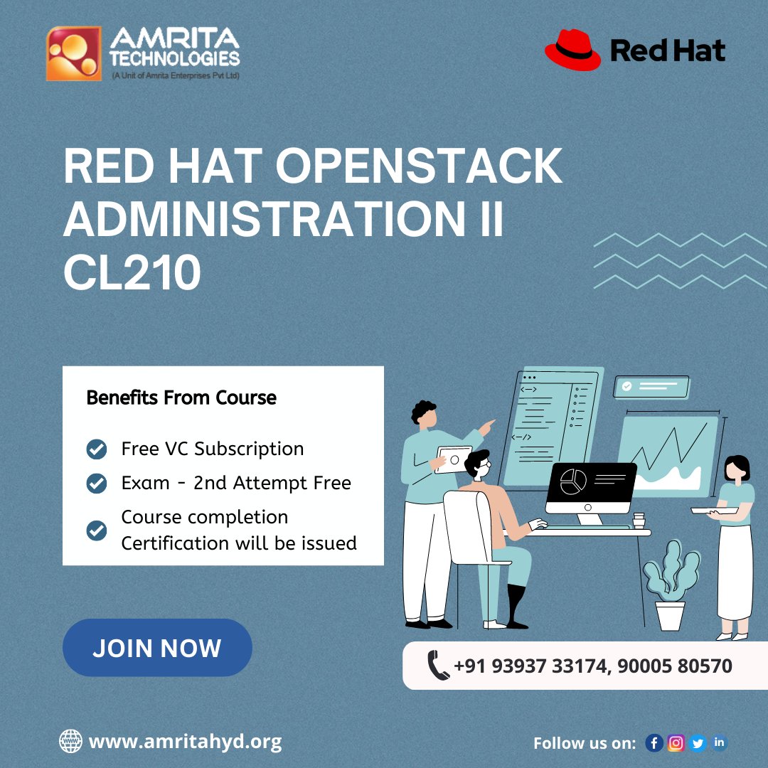 amritahyderabad's tweet image. Develop advanced skills in Red Hat OpenStack Platform operations and hybrid cloud infrastructure management.
Call: 9393733174 / +91 90005 80570
website: amritahyd.org
#amritatechnologies #RedHatOpenStack #CL210 #RedHatLinuxAutomation #Openstack #RedHatcourseonline