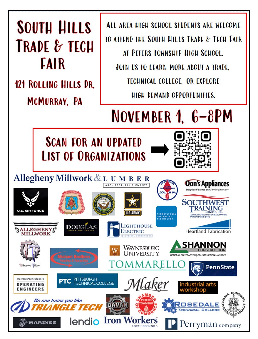 Traditional college is incredibly important, but trades, technical college and other high demand opportunities are solid options for students. Come to the South Hills Trade &amp; Tech Fair to learn more about the trades, technical schools, and other available postsecondary options.