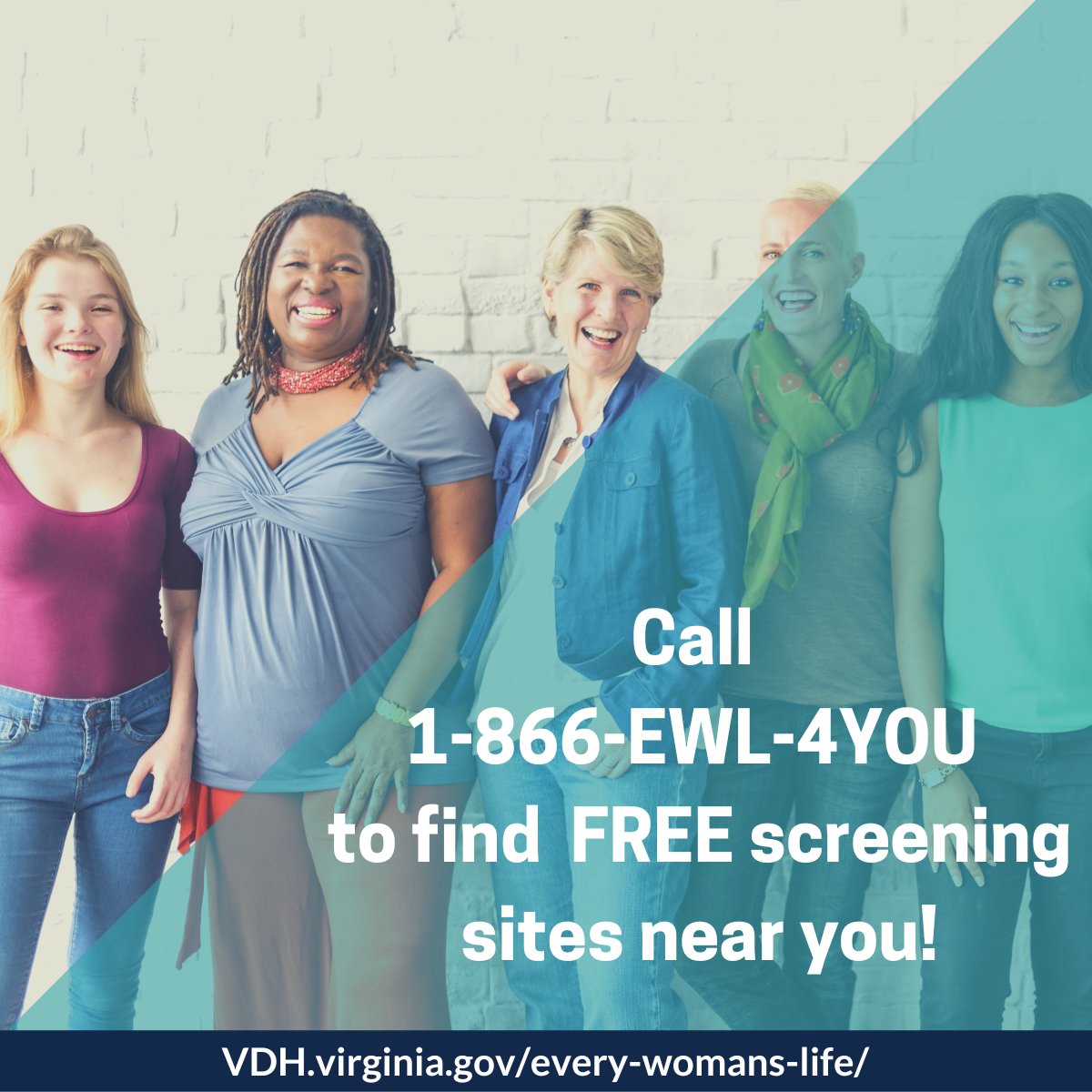 VDHgov's tweet photo. Every Woman’s Life Program can get those in need access to breast and cervical cancer screening. Please reach out to us, we are here to help! Find a free screening site near you, call 1-866-EWL-4YOU (1-866-395-4968) or visit https://t.co/bUq3fZyDsa
#VAEWL #VDHCancer #cancer https://t.co/kAneUvI7wD